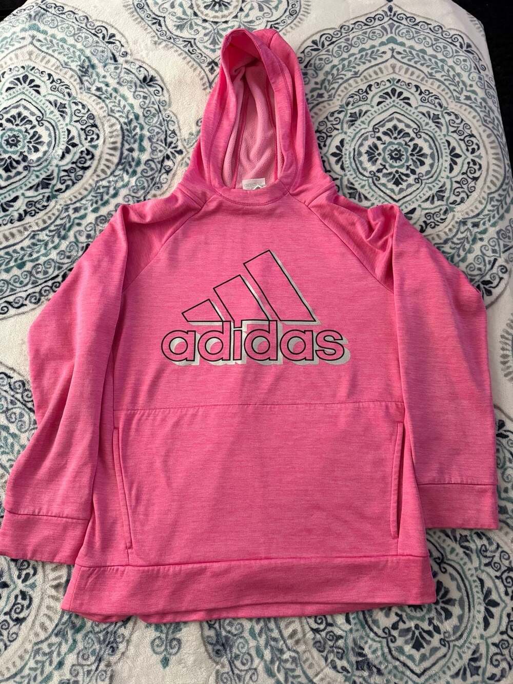 Adidas Girls Bright Pink Metallic Logo Fleece Pullover Hoodie Size XL 16